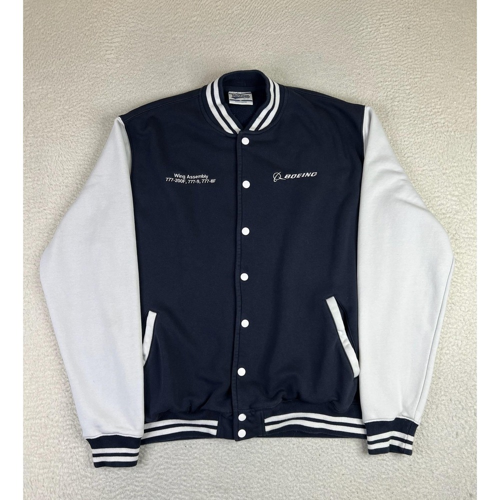 Vantage Boeing Jacket Mens XL Blue White Varsity Fleece Lined Snap Front